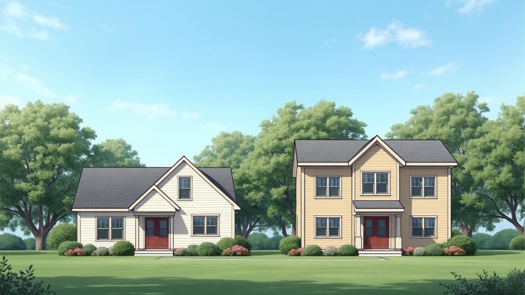 A row of single-family homes next to a midsize apartment building