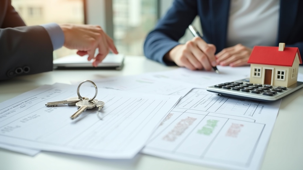 A stack of paperwork, home keys, and a calculator on a desk, representing real estate negotiations and due diligence.