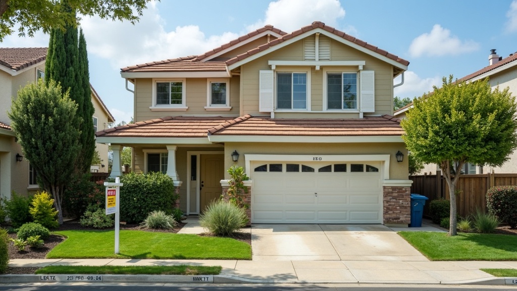 A tidy two-story house with a 'For Rent' sign in the front yard, surrounded by greenery and a clear sky overhead.
