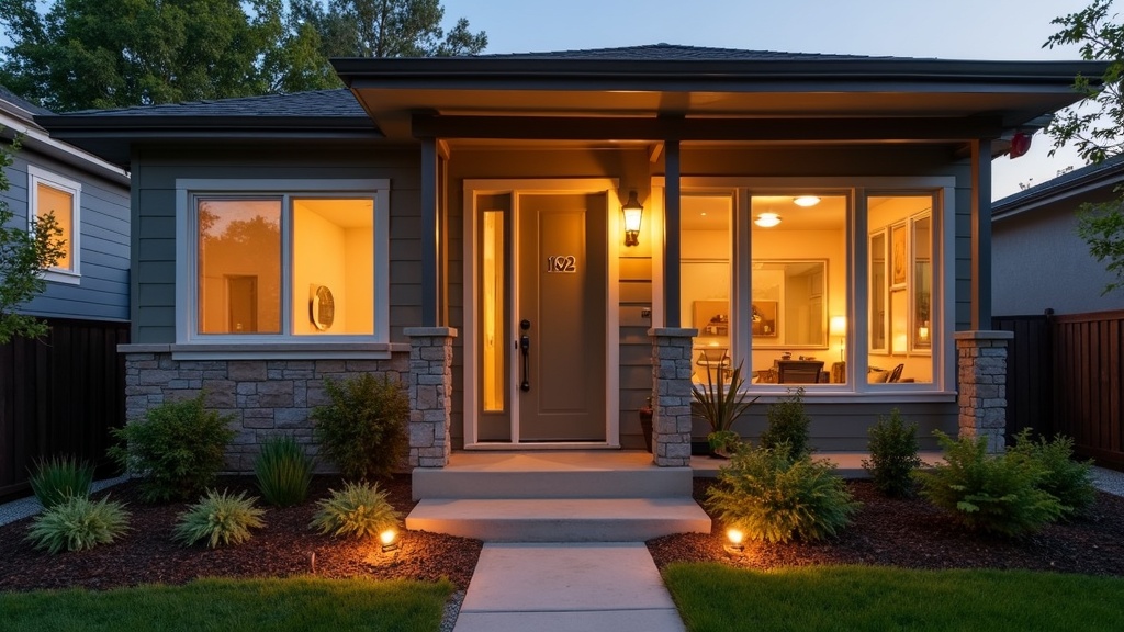 A stylish, updated rental property with modern lighting and plants, viewed from the exterior.